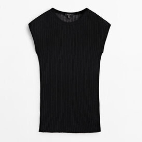 Massimo Dutti Open Knit Ribbed Crew Neck Black Top Size L NWT - Picture 4 of 11